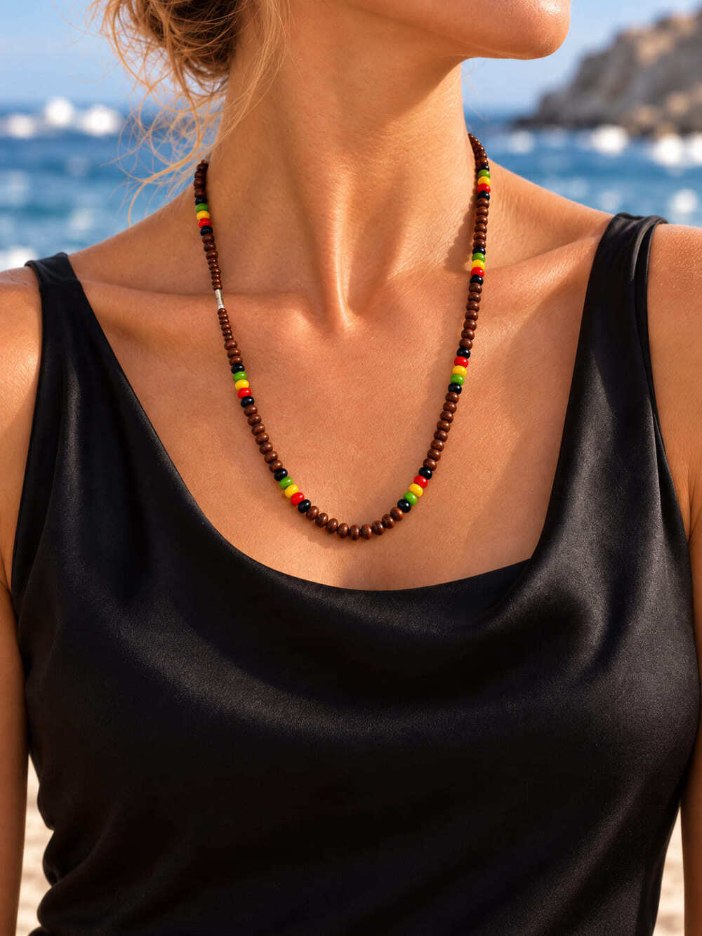 ⚜️ Wood-Look & Glass Bead Necklace | Red, Gold & Green | Multicolor Boho 💗